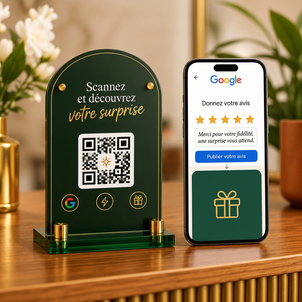 Présentoir QR code ReviewScratch à côté d'un smartphone affichant un avis 5 étoiles